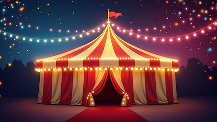 Colorful Circus Tent Background with Twinkling Lights: Perfect for Text and Copy Placement in Photo Stock, Featuring Empty Space on the Left Side for Customization