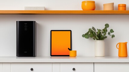 Smart Living Minimalism Sleek Tech-Integrated Kitchen Design with Connected Devices, Vibrant Orange Accents and Organic Wellness Elements