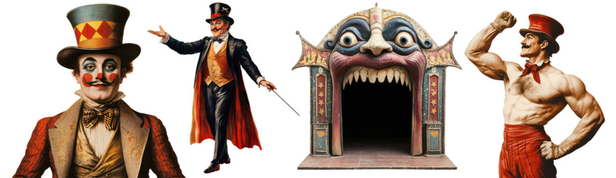 A set of vintage circus retro design elements including a Clown, strongman and ring leader