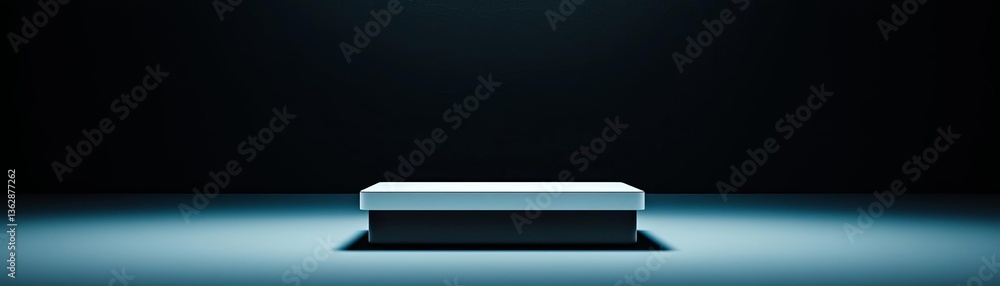 Poster minimalist display platform illuminated in a dark environment with dramatic lighting.