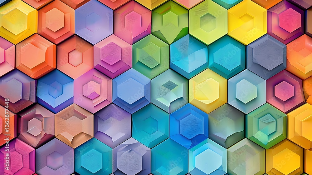 Aufkleber a vibrant pattern of tessellating hexagons in bright, saturated colors, each hexagon containing a un