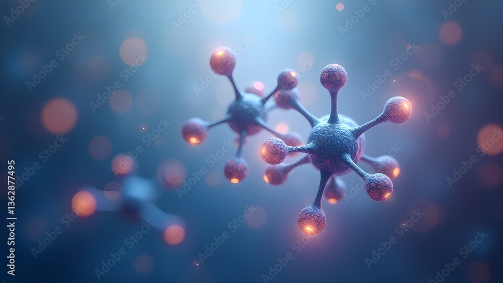 Poster close-up 3d rendering of a molecular structure, displaying intricate atomic connections on a blurred