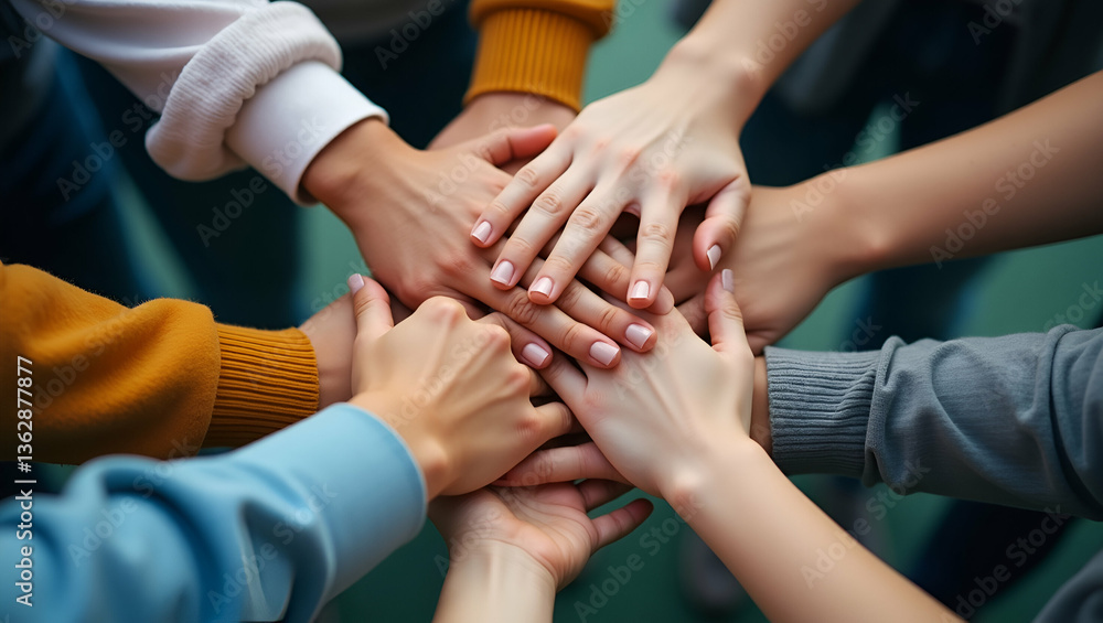 Poster close-up of young people stacking hands together: a powerful symbol of unity and teamwork in stock p