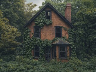 Fototapeta premium Overgrown brick house enveloped by nature, evoking a sense of isolation
