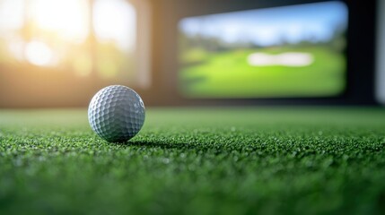 Golf ball on turf indoor sports facility close-up shot natural light engaging atmosphere