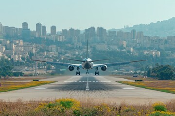Airplane Landing on Runway with City Skyline in Background Under Clear Blue Sky