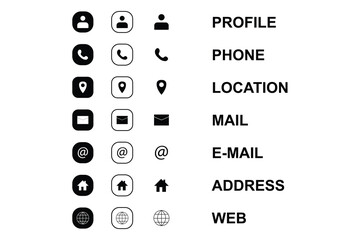 Minimalist black and white contact icons set, including profile, phone, location, mail, email, address, and web. Perfect for UI design, business cards, and websites.