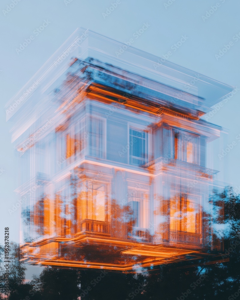 Aufkleber Quantum Architecture Ethereal Digital Twin Visualization Revealing Innovative Design Dynamics in Transparent Computational