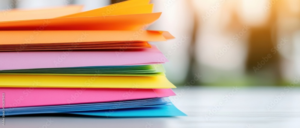 Aufkleber Chromatic Productivity Vibrant Multi-Colored Paper Stacks Revolutionizing Workplace Organization with Minimalist Digital-Age Efficiency Solutions