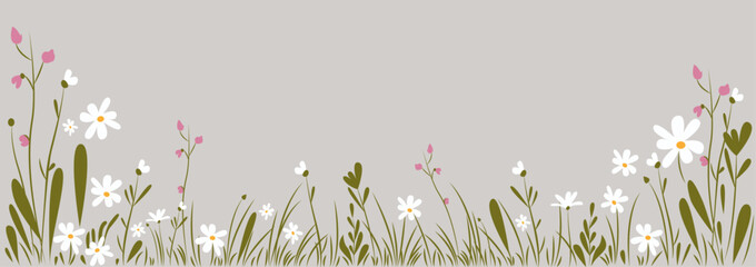 Beautiful spring meadow, colorful flowers and grass border on light gray background, vector illustration	