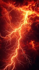 Fototapeta premium Fiery red lightning bolt illuminates a dramatic, stormy sky. A powerful image of nature's raw energy.