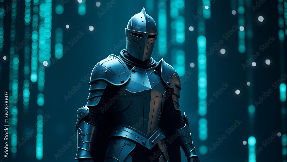 Poster flat knight digital armor: a futuristic guardian of data security - advanced technology concept illu