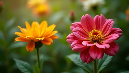 Vibrant Colorful Flowers Blooming in a Lush Garden: A Stunning Nature Landscape Concept with Ample Empty Space on the Left for Creative Photo Stock Use