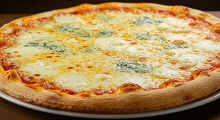 Four Cheese (Quattro Formaggi) Pizza with Melted Mozzarella, Parmesan, Gorgonzola, and Provolone on Wooden Table

