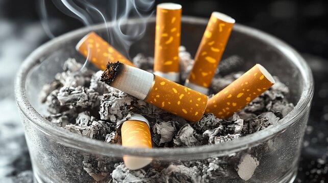 Smoked cigarettes in a glass ashtray, filled with ash - Powered by Adobe