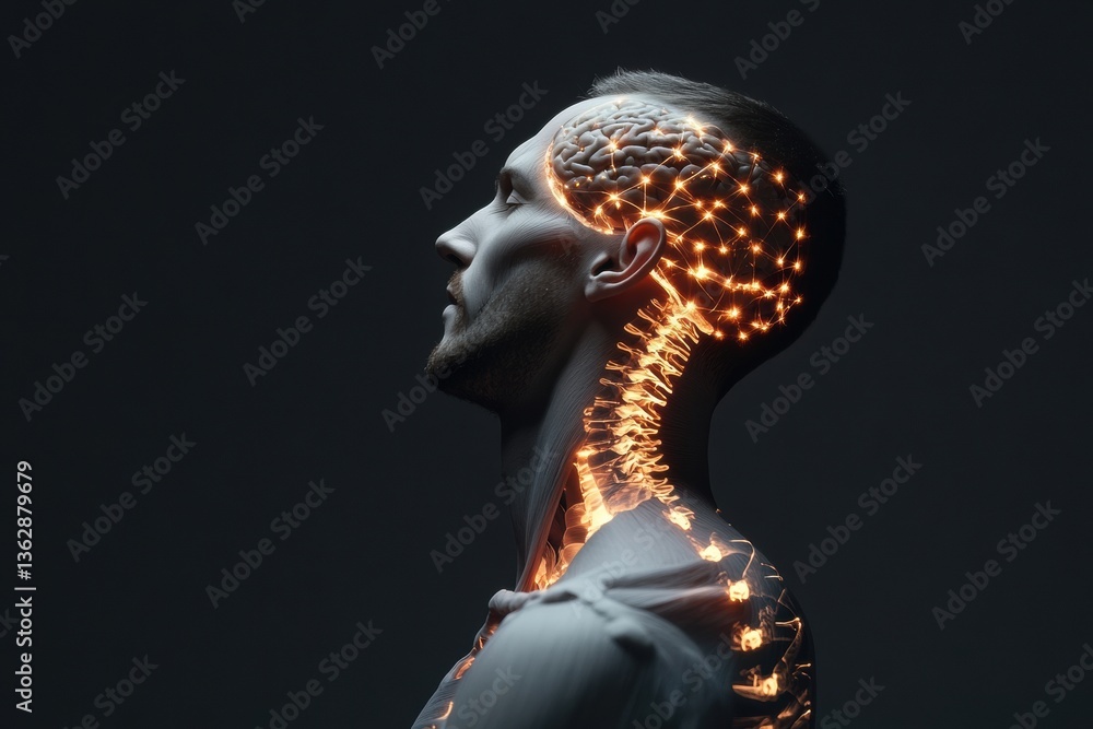 Poster Neuro-Illumination Futuristic Neurological Mapping of Human Anatomy with Glowing Spine Network - Cutting-Edge Cognitive Performance Visualization