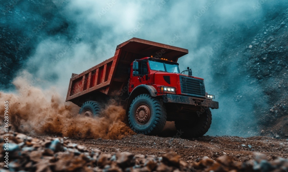 Poster Industrial Resilience High-Performance Quarry Dump Truck Navigating Rugged Terrain with Dynamic Dust Dynamics - Next-Gen Resource Extraction Technology