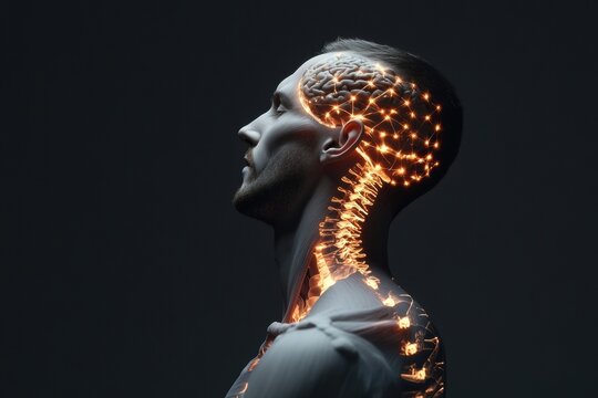Neuro-Illumination Futuristic Neurological Mapping of Human Anatomy with Glowing Spine Network - Cutting-Edge Cognitive Performance Visualization