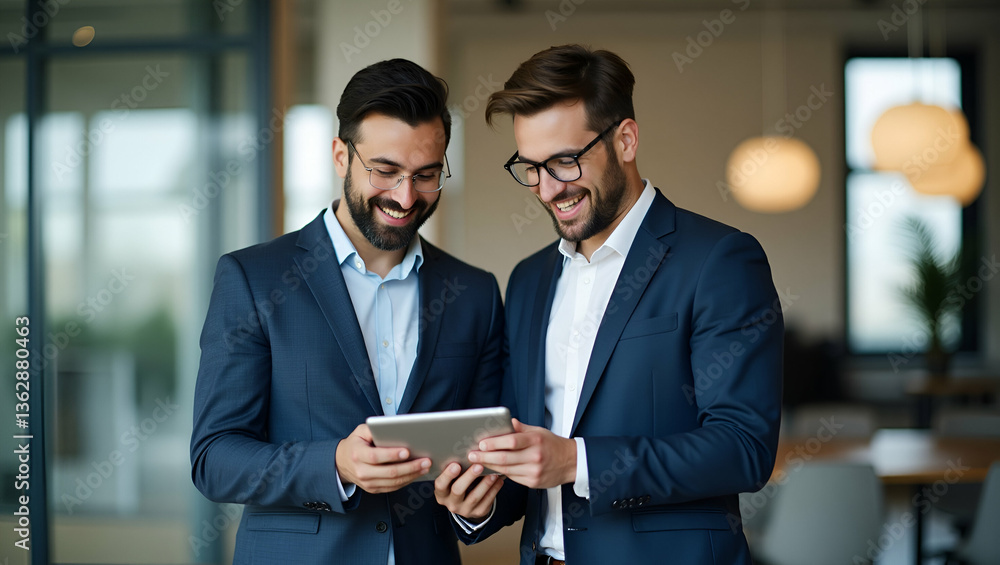 Poster flat business team of two happy successful professional businessmen executives working together stan