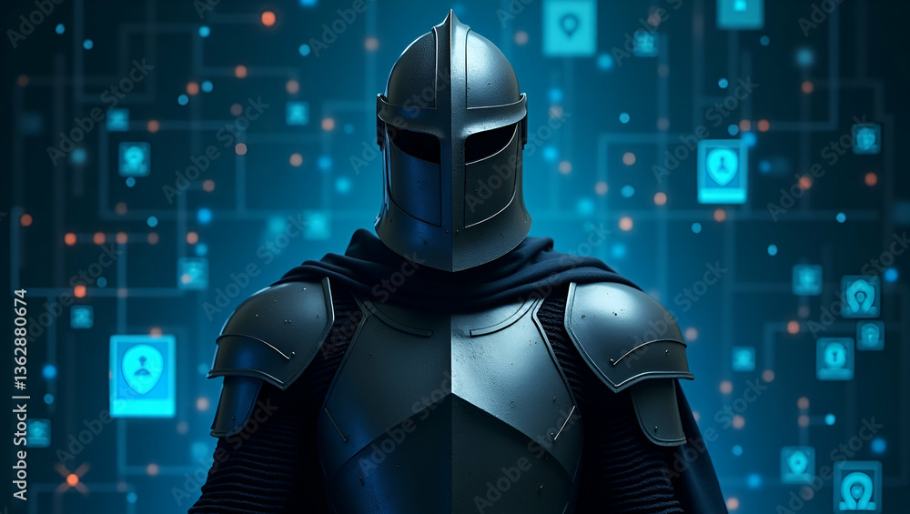 Poster flat knight: the futuristic digital armor guarding your data realm with advanced cybersecurity