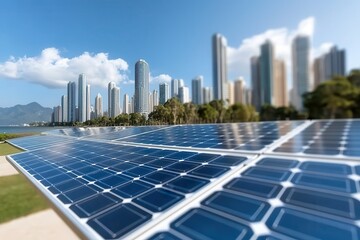 Fototapeta premium Renewable energy energy grid policy future Solar panels with a city skyline in the background under a bright sky.