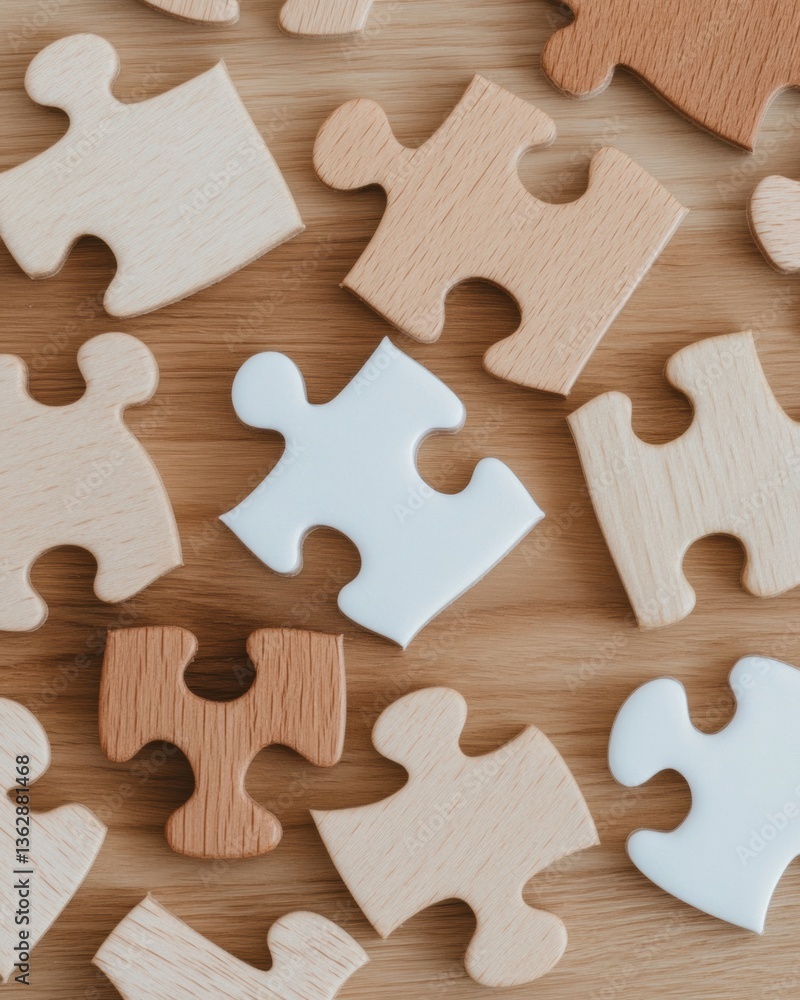 Poster Minimalist Collaborative Strategy Neutral-Toned Wooden Puzzle Metaphor for Inclusive Workplace Innovation and Adaptive Team Problem-Solving in Modern Business Environments