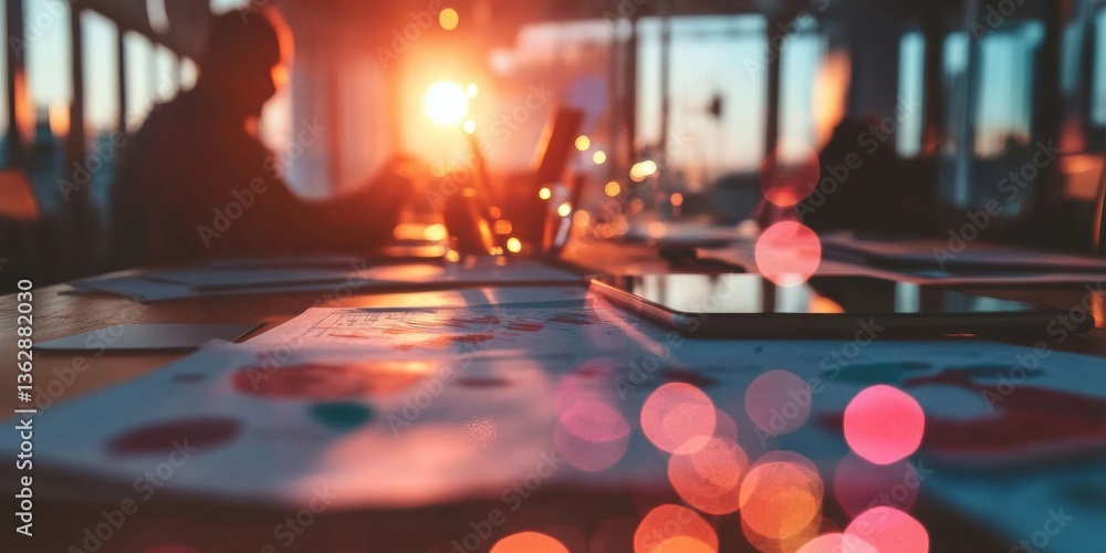 Fototapete Sunset Strategies Innovative Workplace Collaboration Through Dynamic Lens Flare - Transformative Team Dynamics in Modern Corporate Environments