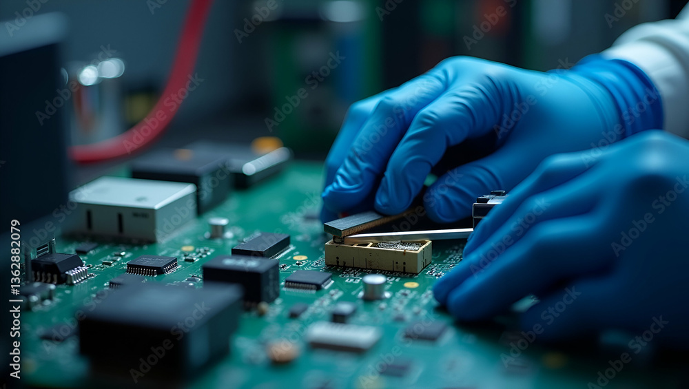 Poster worker in gloves testing electronic components with specialized equipment for quality verification