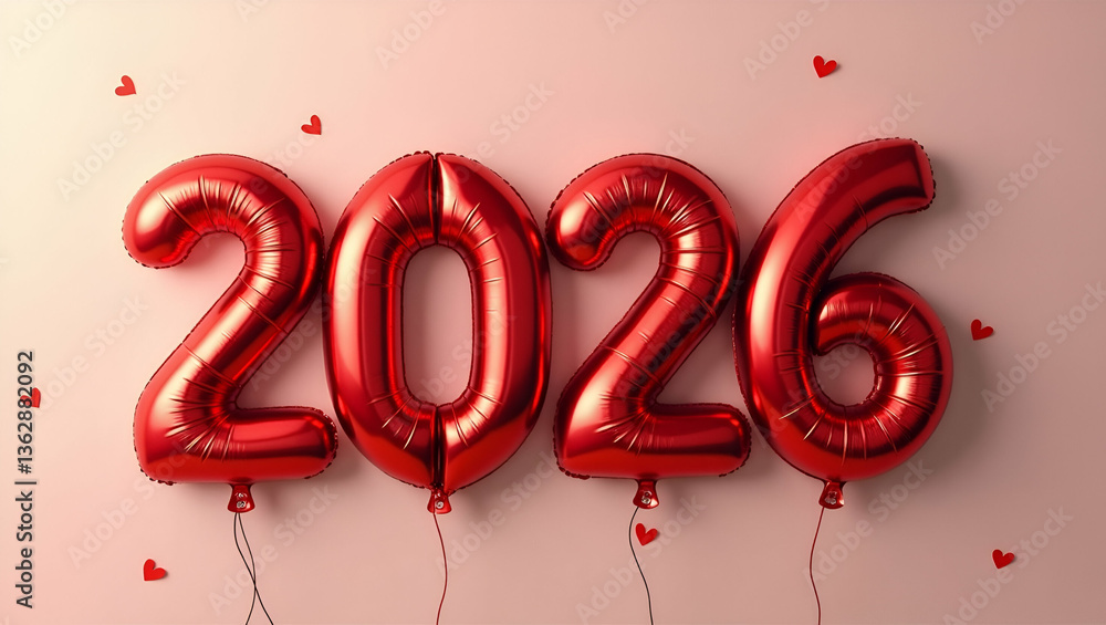 Poster flat text 2026 and happy new year on red heart shaped balloons. new year holiday and countdown conce