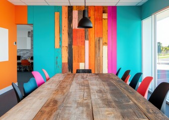 Vibrant Cross-Cultural Collaboration Hub Reclaimed Wood Conference Space with Dynamic Color Psychology for Modern Workplace Innovation and Creative Team Engagement