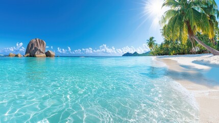 Fototapeta premium Tropical beach paradise seychelles scenic landscape sunlit ocean serene viewpoint vacation bliss