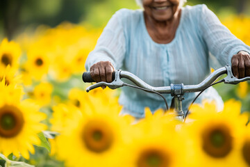 Obraz premium Elderly woman's hands on bicycle handlebars, blurred sunflowers background, conveying joy, freedom, and active aging in nature