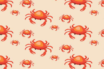 A seamless pattern of large and small red crabs on a beige background. A natural and artistic look, ideal for marine-themed products.