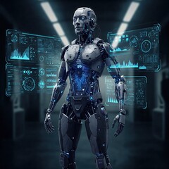 Naklejka premium Cybernetic Humanoid with Glowing Circuits and Futuristic Armor 4K HD High Quality Image Wallpaper Background