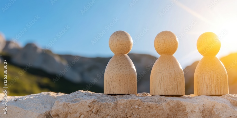 Aufkleber Mindful Progress Visualization Minimalist Wooden Figures Navigating Personal Growth Journey on Rocky Terrain - Empowerment Coaching and Transformational Leadership Imagery