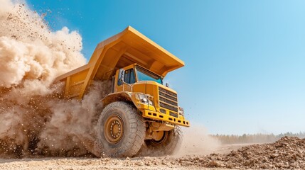 Obraz premium Massive dump truck in action at construction site heavy machinery dusty environment wide angle view industrial concept