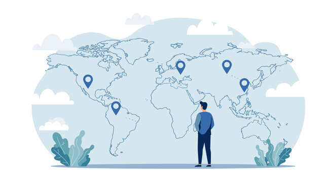Man looking at world map, planning global journey.