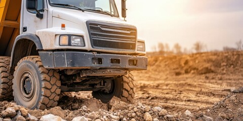 Construction dump truck operating on job site urban environment heavy machinery close-up viewpoint