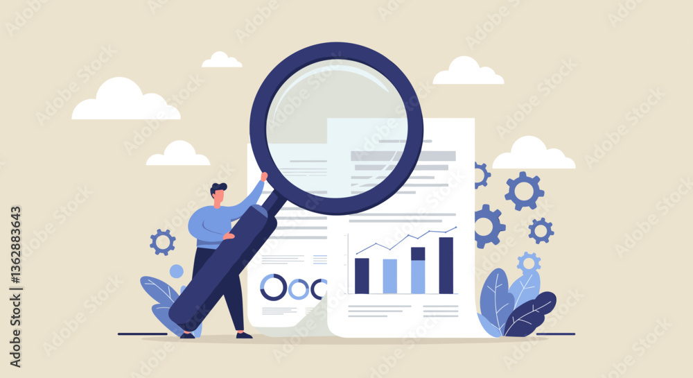 Aufkleber man examining data with magnifying glass.