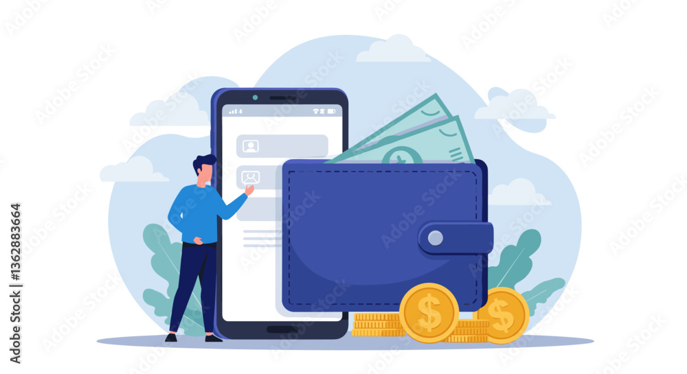 Poster man using mobile app for digital wallet.
