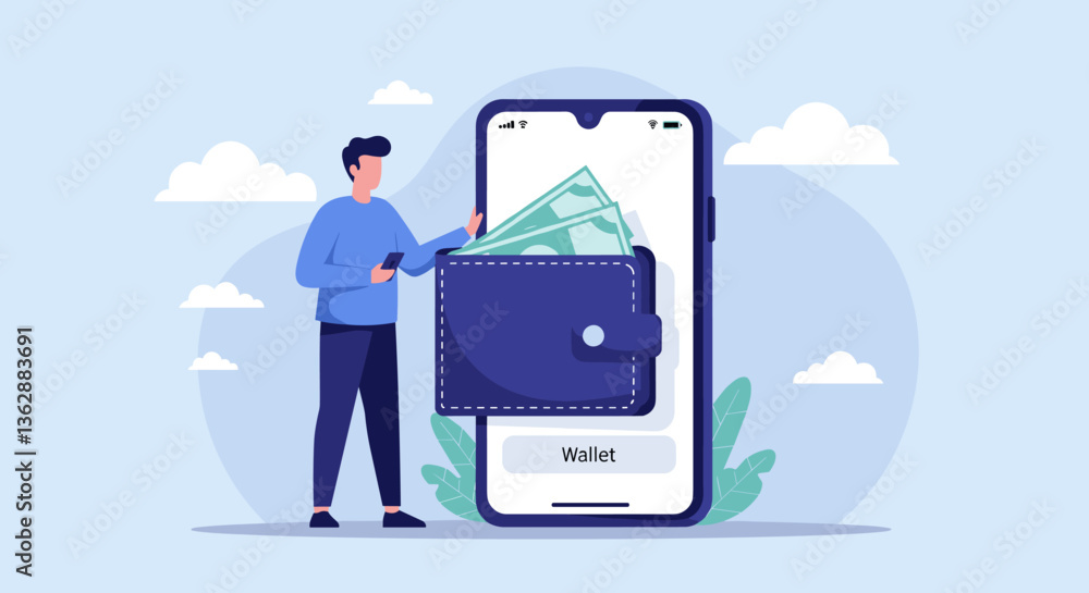 Poster man using mobile wallet app. digital finance.
