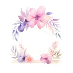 A watercolor floral frame with pink and purple flowers on white