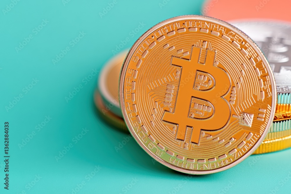 Aufkleber decentralized future gold bitcoin coin on vibrant circuit board - cutting-edge cryptocurrency invest