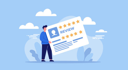 Man holding a giant review card with five stars.
