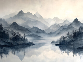 Naklejka premium misty mountain landscape with a calm lake in the foreground, surrounded by dense forests and towering mountains in the distance. The overall color palette is muted and cooler