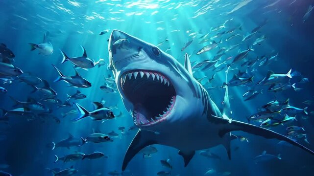 Great white shark is swimming in the ocean with fishes