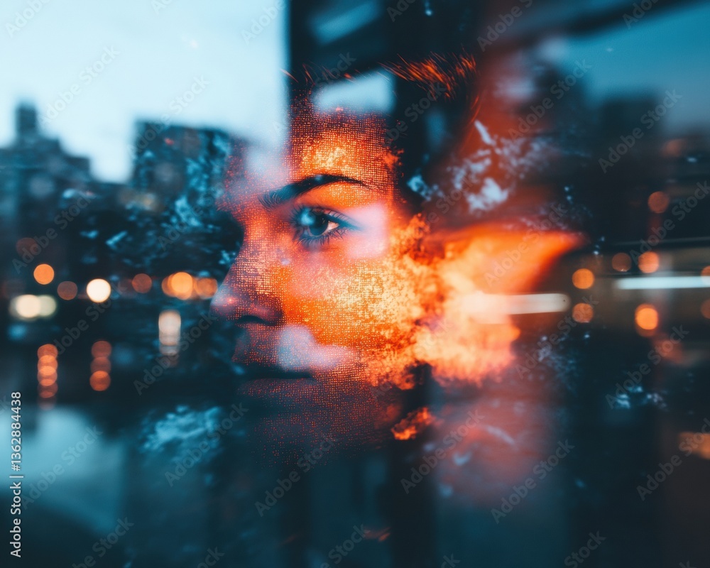 Poster urban consciousness ethereal ai-powered portrait merging human emotion with technological disruption