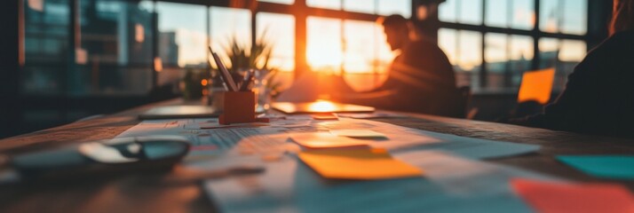 Collaborative Innovation Dynamic Sunset Workspace Revealing Gen Z Hybrid Work Strategies with Soft-Focus Creative Problem-Solving Aesthetic