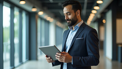 Flat Indian project manager walking through office with tablet planning business strategies focusing on future objectives. concept as Confident stride suggests leadership dynamic environment fosters r