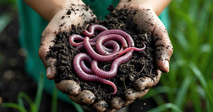 Child's hands grasping fertile soil and earthworms against a green backdrop. Earthworm digestion converts organic material into high-quality natural fertilizer and live bait for fishing.
